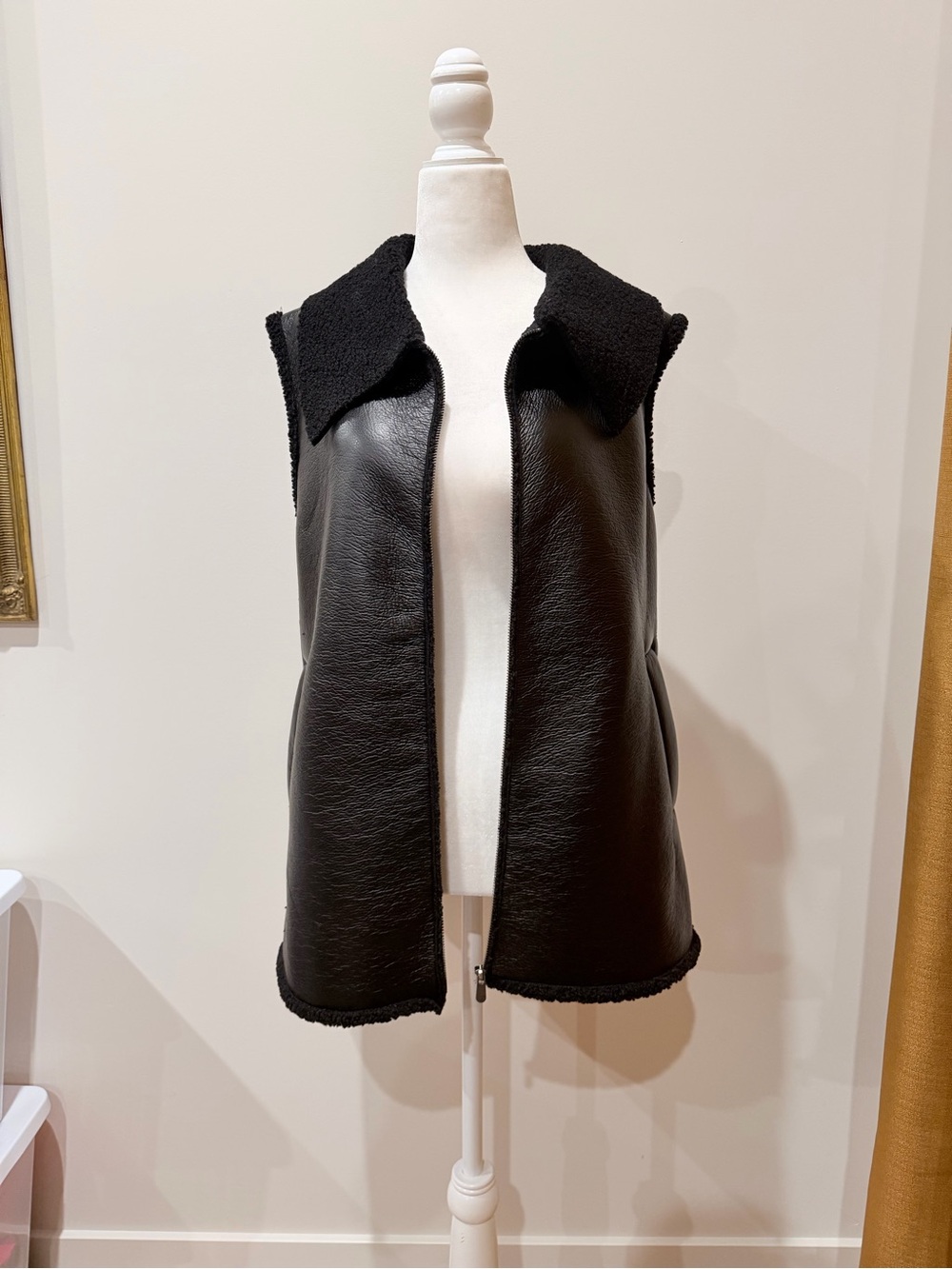Sleeveless Black Faux Leather Shearling Vest